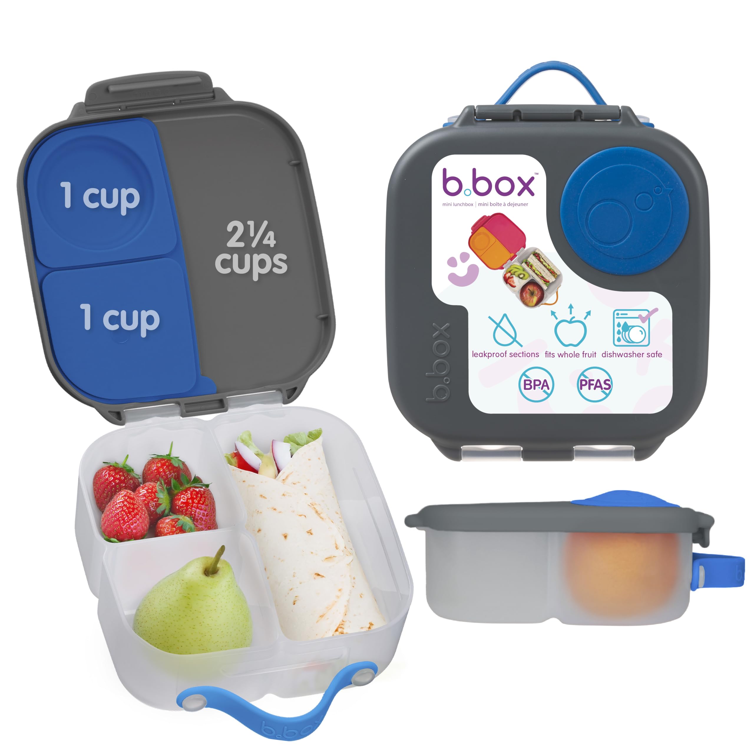 b.box Mini Lunchbox | Bento Box with 3 Compartments (2 Leakproof) | Ideal for Toddlers, Kids Lunch & Snacks | Fits Whole Piece of Fruit | BPA Free