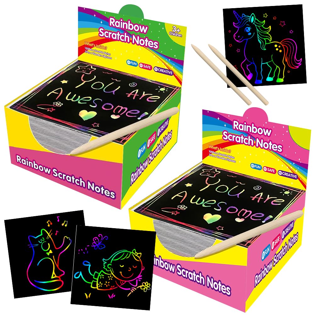 Rainbow Scratch Art, Boys and Girls Creative Craft Scratch Cards, 200 Pcs Magic Rainbow Scratch Paper for Children, Christmas, Fun Classroom, Birthday Gifts (8.5 * 8.5 cm)