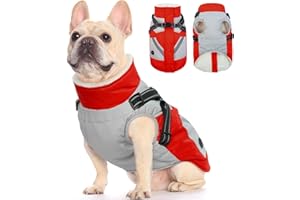 FUAMEY Dog Winter Jackets for Medium Dogs,Dog Coat with Harness Built in,Waterproof Dogs Snowsuits Warm Pet Jacket Zip Up Fleece Cold Weather Coats Reflective Puppy Vest with Pocket Red M