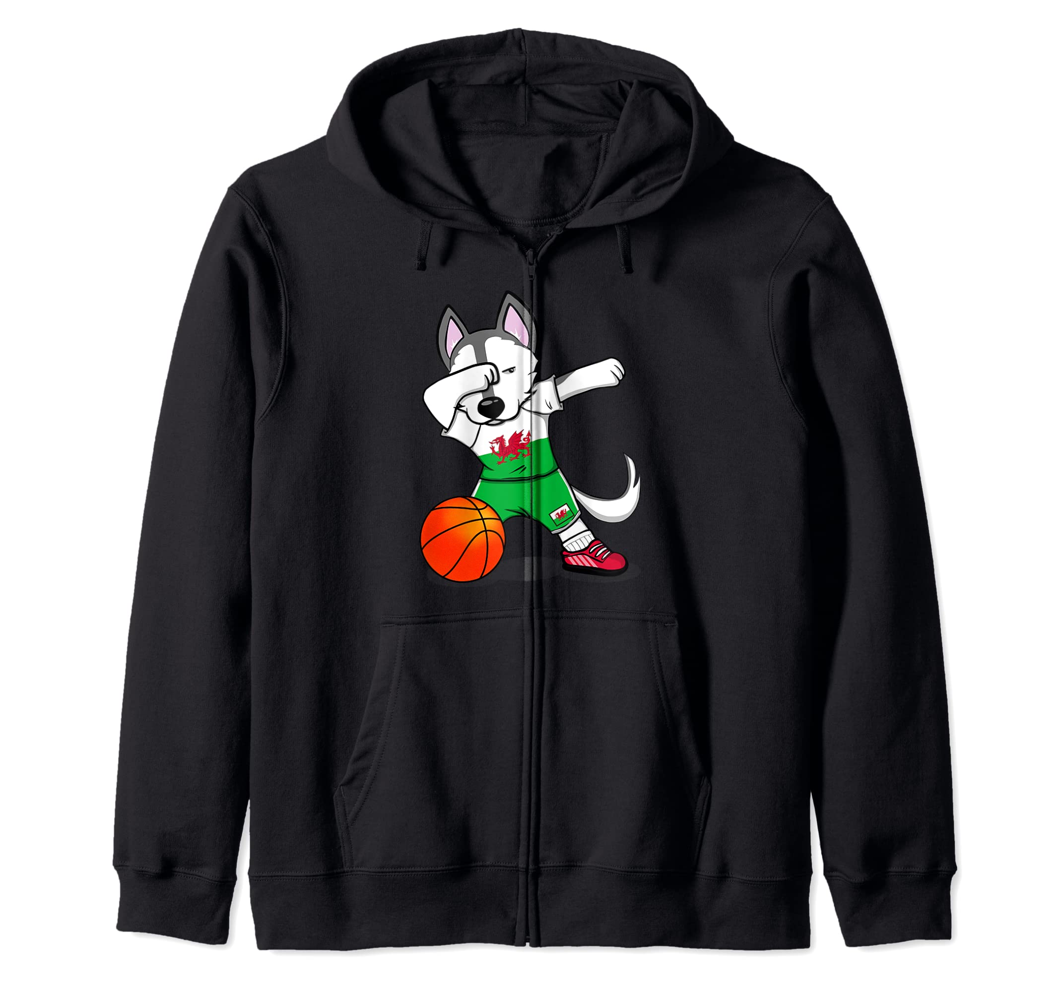 Dabbing Husky Dog Wales Basketball Fans Jersey - Welsh Flag Zip Hoodie