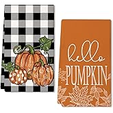 ARKENY Fall Kitchen Towels Set of 2,Black Buffalo Check Pumpkin Autumn Dish Towels 18x26 Inch Drying Dishcloth,Farmhouse Home Decoration AD127