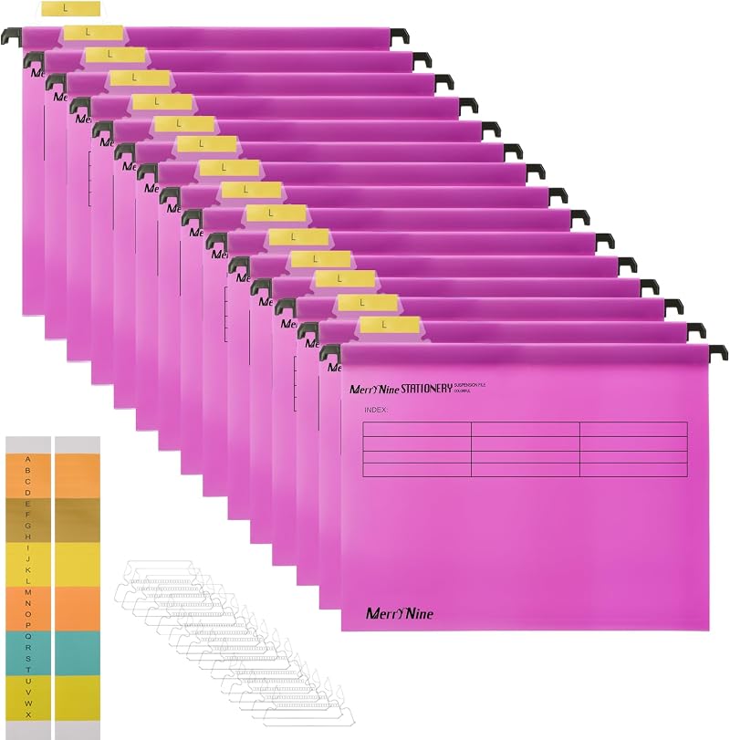 MerryNine Suspension Files 15PCS Polypropylene A4 Pink with Tabs Card Inserts