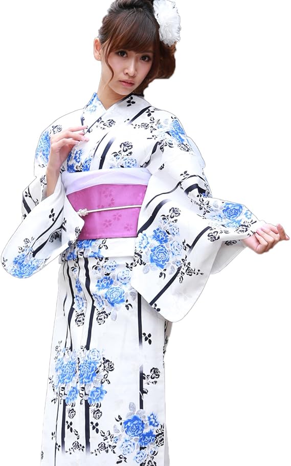 Amazon 浴衣 女 セット 白地に縦縞と水色薔薇 なでしこ ときめき 恋浴衣3点セット 浴衣 通販