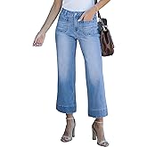 MIFOCAL Wide Leg Jeans for Women Mid Waisted Straight Leg Stretchy Cropped Denim Pants with Patch Pockets Jeans