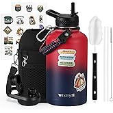 WixByti 64 oz Insulated Water Bottle with Straw (Cold for 48 Hrs), Half Gallon Stainless Steel Triple Wall Vacuum Sports Water Jug, Leakproof Hydro Cup Flask with Straw Spout Lids & DIY Stickers