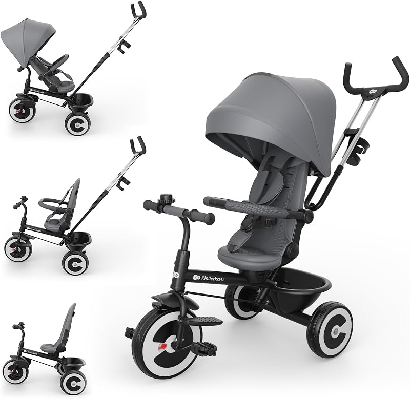 Aston 2 PRO Dreirad, Schiebestange, 360° Sitz, Verdeck, Grau