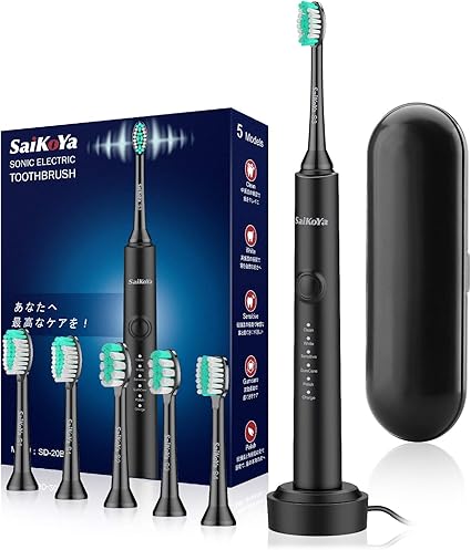 Amazon 電動歯ブラシ 音波振動 替えブラシ6本 Usb充電式 ワイヤレス充電スタンド付き Ipx7防水 ソニック 5つモード 収納ケース付 オートタイマー機能搭載 フル充電30日間長続き 低騒音 旅行用 出張用 携帯用 口内ケア 歯磨き デンタルケア 電動ハブラシ ブラック