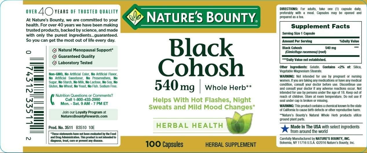 Nature's Bounty Black Cohosh Root Pills and Herbal Health Supplement, Natural Menopausal Support, 540 mg, 100 Capsules: Health & Personal Care