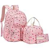 Lroiutian Girls Backpack Set for School Backpacks with Lunch Box Pencil Case 3 Piece Bookbags, Kids Elementary Teen Student Lightweight School Bag Set-Strawberry Pink