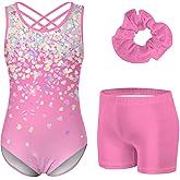 Idgreatim 5-10 Years Gymnastics Leotards for Girls Shiny tumbling outfits with Shorts Unitards Biketards
