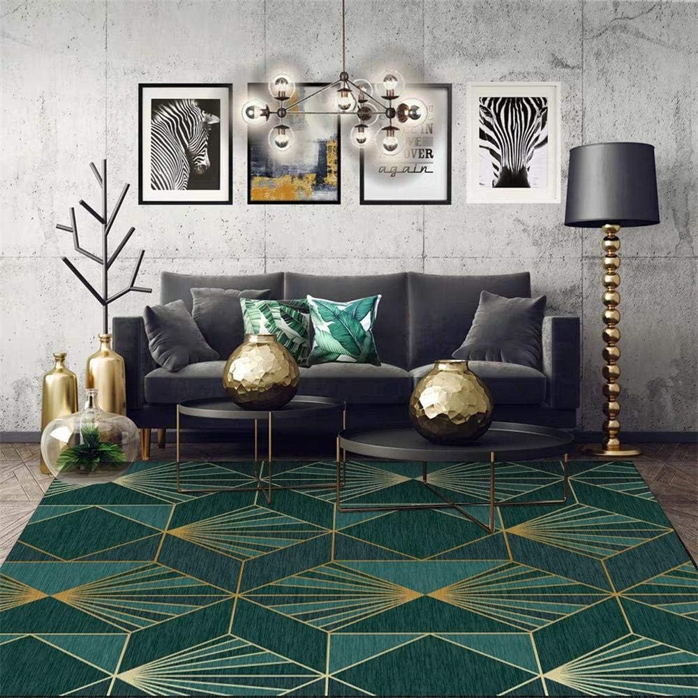 GOODJIA Carpet Living Room Rug Short pile Designer Matte Dark Green Gold Geometry 7MM Crystal Velvet Washable Non-Slip Bedroom Dining Room Nursery Hallway Kitchen Runner Rug,150x200CM