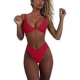 geluboao Bikini Set for Women Solid V Neck Knot Front Push Up High Leg Thong Two Piece Swimsuit