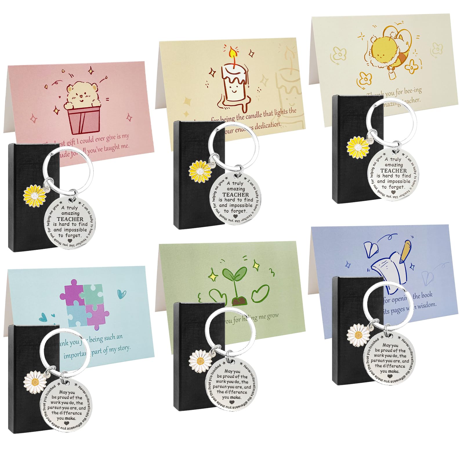 Thank You Gifts, 6 Packs Teacher Gift for Teacher, Teacher Leaving Gifts for Colleagues Teaching Assistants Thanksgiving Day Thank You Cards with Envelopes Inspirational Keychain (Flower)