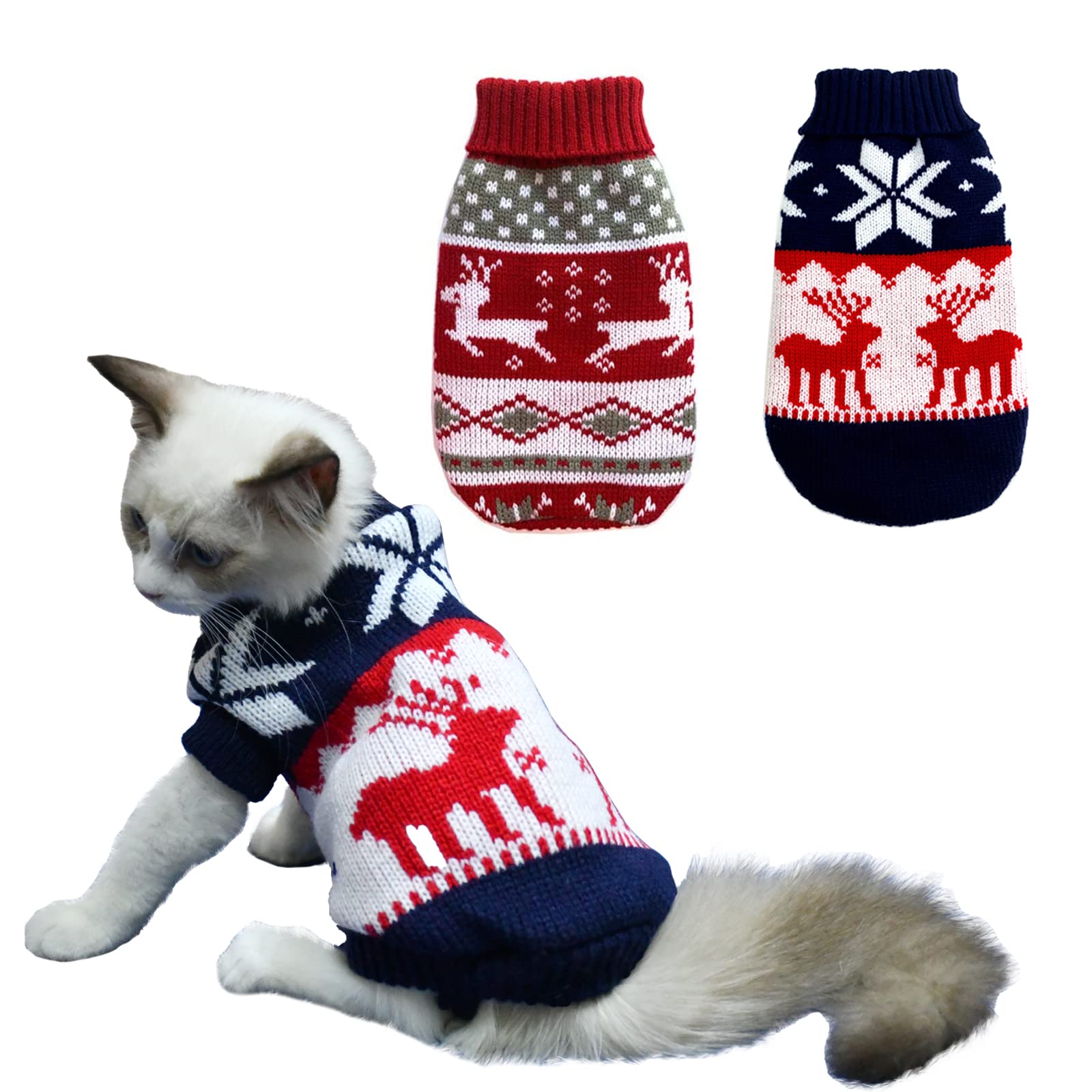 Vehomy 2Pcs Pet Puppy Christmas Jumpers Cat Sweater Kitten Knitwear Dog Xmas Clothes Navy Blue and Christmas Red Sweaters with Reindeers Snowflakes Pattern for Kitten Cat Puppy Dog XS