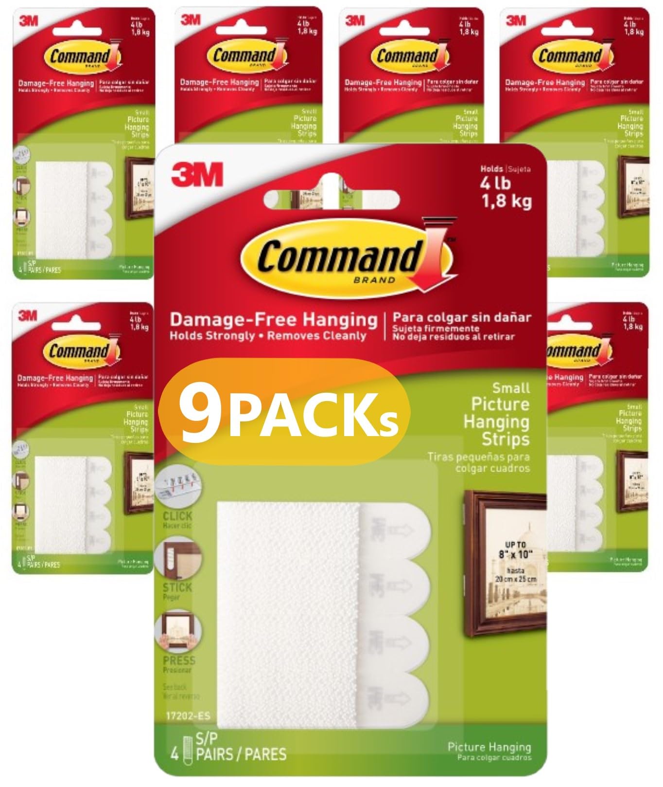 Command Small Picture Hanging Strips - 9 Packs of 4 Pairs (72 Strips) - for Pictures, Frames, Mirrors, Wall Decor - Damage Free Hanging