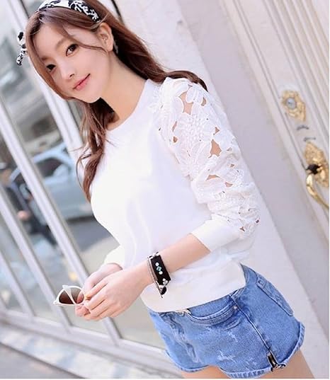 Amazon 袖花刺繍 透け感が可愛いカットソー シャツ ブラウス 通販