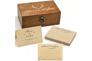 Wooden Advice & Wishes Memory Box with 50 Pcs Kraft Tan Cards for Wedding - Bridal Shower Guest Book Alternative- Versatile K