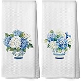 XPH Chinoiserie Vase Floral Kitchen Dish Towels Set of 2, Blue and White Porcelain Hydrangea Gifts for Women, Spring Flower Hand Towels Kitchen Bathroom Tea Towels Decorations, 16x24inch