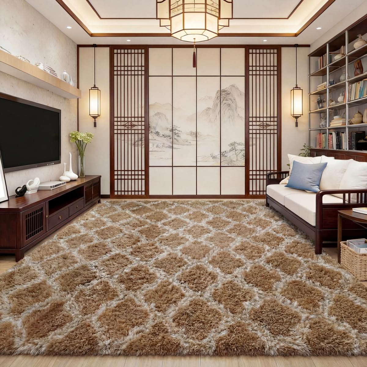 lekeplus Rugs Living Room Large Rugs Bedroom Anti Skid Rug Shaggy Soft Rug for Living Room Bedroom Play Area Kids Room Luxury Decorative(Khaki Lantern 60x90cm)