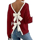 CHICWISH Women Bow Open Back Ribbed Knit Sweater Long Sleeve Crewneck Sexy Casual Holiday Party Backless Tie Sweater Tops