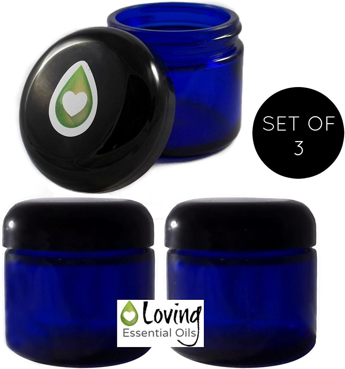 Loving Essential Oils Glass Jar with Lid, Cobalt Blue, Set of 3 (2 oz. Each)