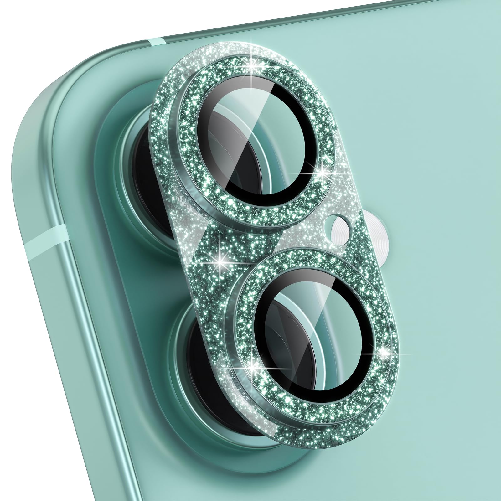 Choiche Compatible for iPhone 16 /iPhone 16 Plus Camera Lens Protector, Bling Camera Cover with 9H Tempered Glass Lens Screen Protector Metal Ring Decoration Accessories (Glitter-Teal)