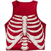 SHENHE Women's Ribbed Knit Skeleton Print Graphic Tank Crop Top Shirt | Halloween Shirts, Gothic Top, Grunge Tops, Emo Top, Horror Top, Fitted, Crew Neck