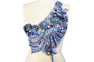 SUCCI SHAN 3D Lace Applique Beaded Embroidered Floral Rhinestones Trim Patches Great for Bodice Wedding Bridal Prom Dress DIY Accessories (Blue)