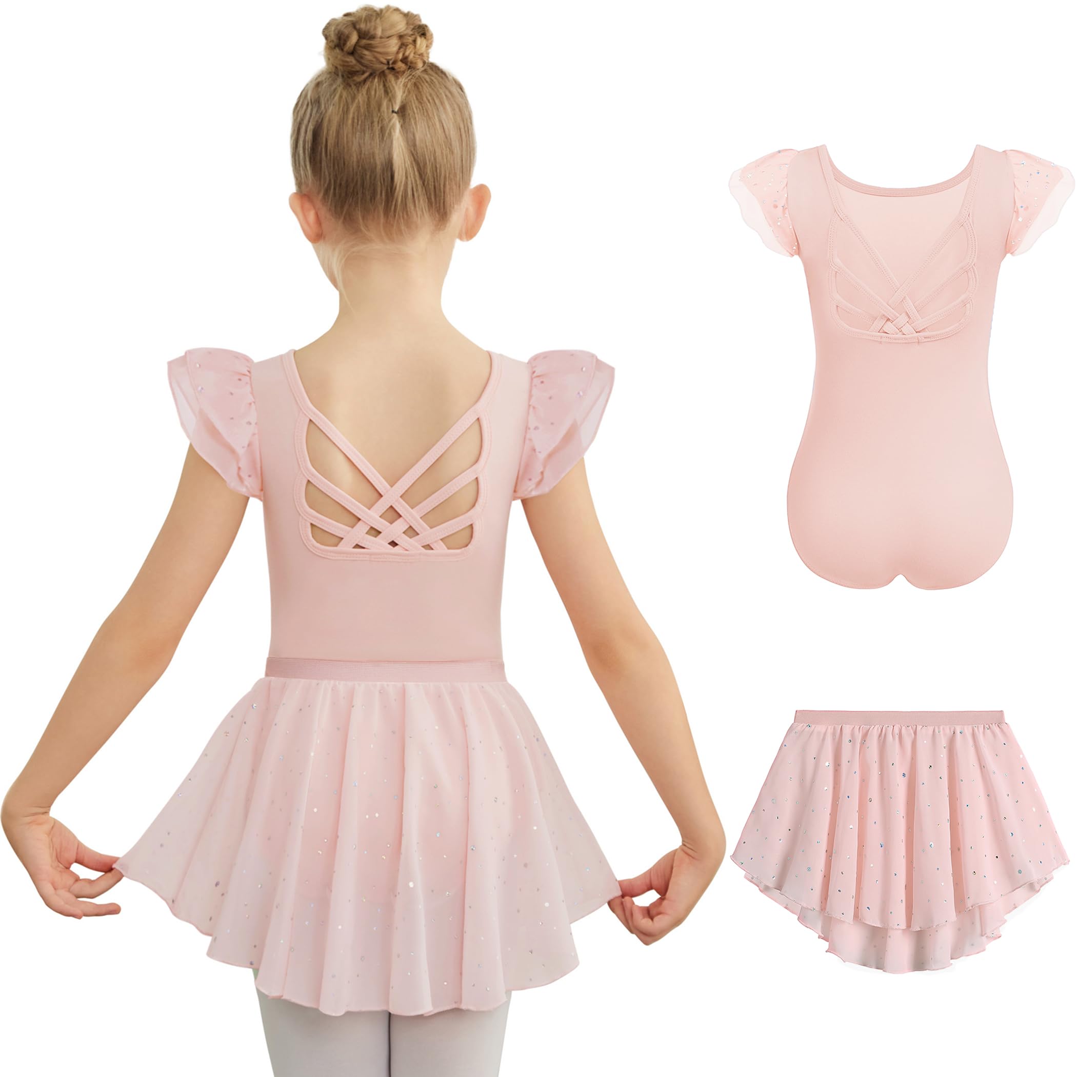 Photo 1 of Zaclotre Ballet Leotards for Girls Toddler Ruffle Sleeve Crisscross Back Dance Dress Outfit with Removable Skirt Combo