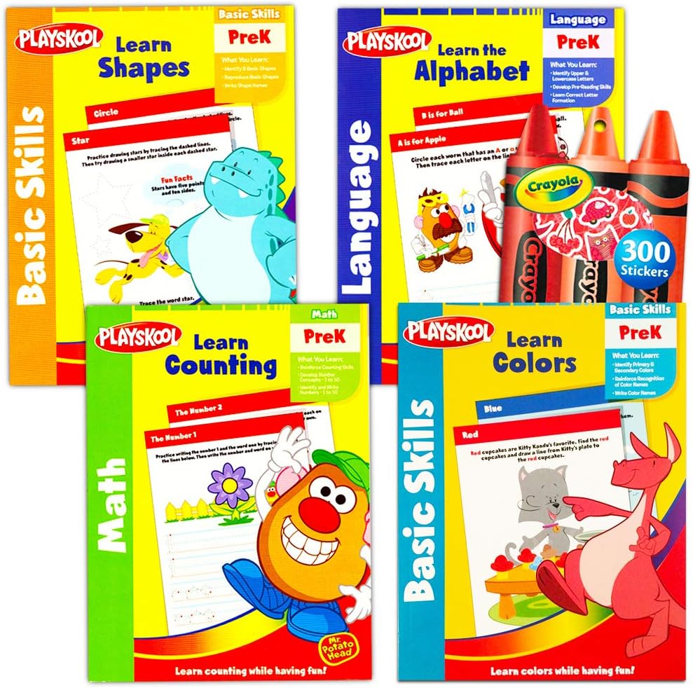 Playskool Preschool Workbooks Set -- 4 Learning Workbooks for Preschoolers Pre-K and Reward Stickers (Reading, Math, ABC Writing, Opposites)