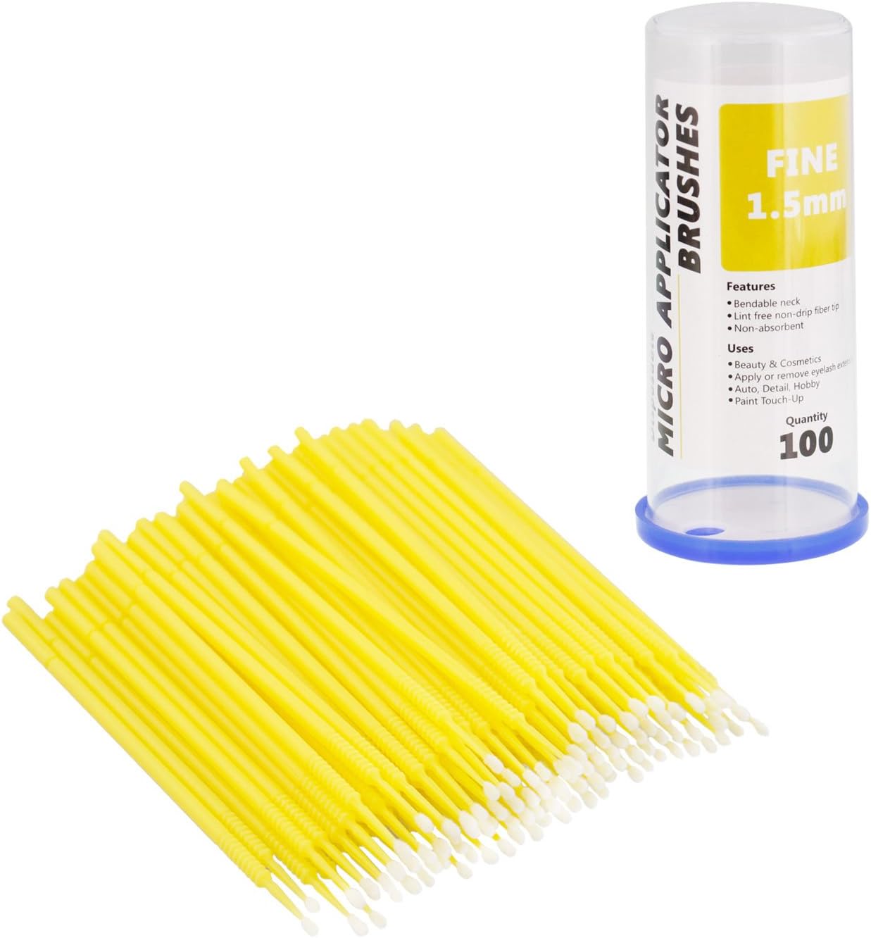 TCP Global 100 Paint Touch Up Brushes, Disposable Micro Brush Applicators, Yellow with Fine 1.5 mm Tips - Auto Body Shop, Auto Car Detailing, Hobby