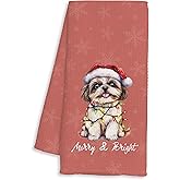 FTKBGHY Christmas Shih Tzu Kitchen Towels, Shih Tzu Gifts for Women, Merry and Bright Xmas Lights Dog Decorative Dish Hand Tea Towels for Bathroom Kitchen, 16x24 Inch