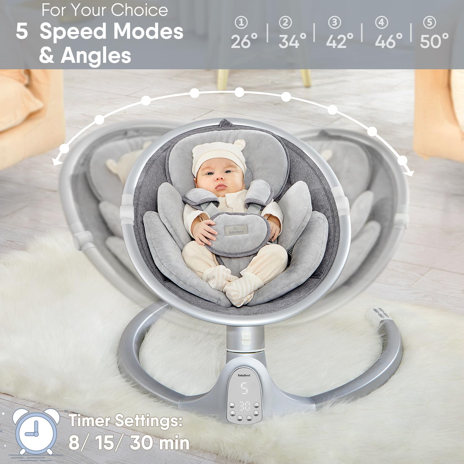 BabyBond Baby Swings for Infants, Bluetooth Infant Swing with 3 Seat Positions, 5 Natural Sway Motion and 5-Point Harness, Portable Baby Swing for Indoor and Outdoor, Silver
