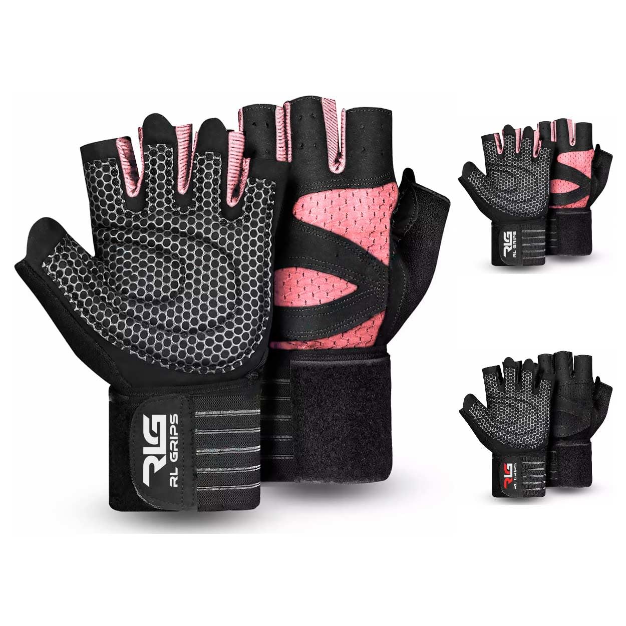 RL Grips® Gym Gloves for Weightlifting, Crossfit, Bodybuilding with Wrist Wraps and Non-Slip Silicone Grip - Fitness Gloves for Men and Women with Wrist Support (Pink, XS)