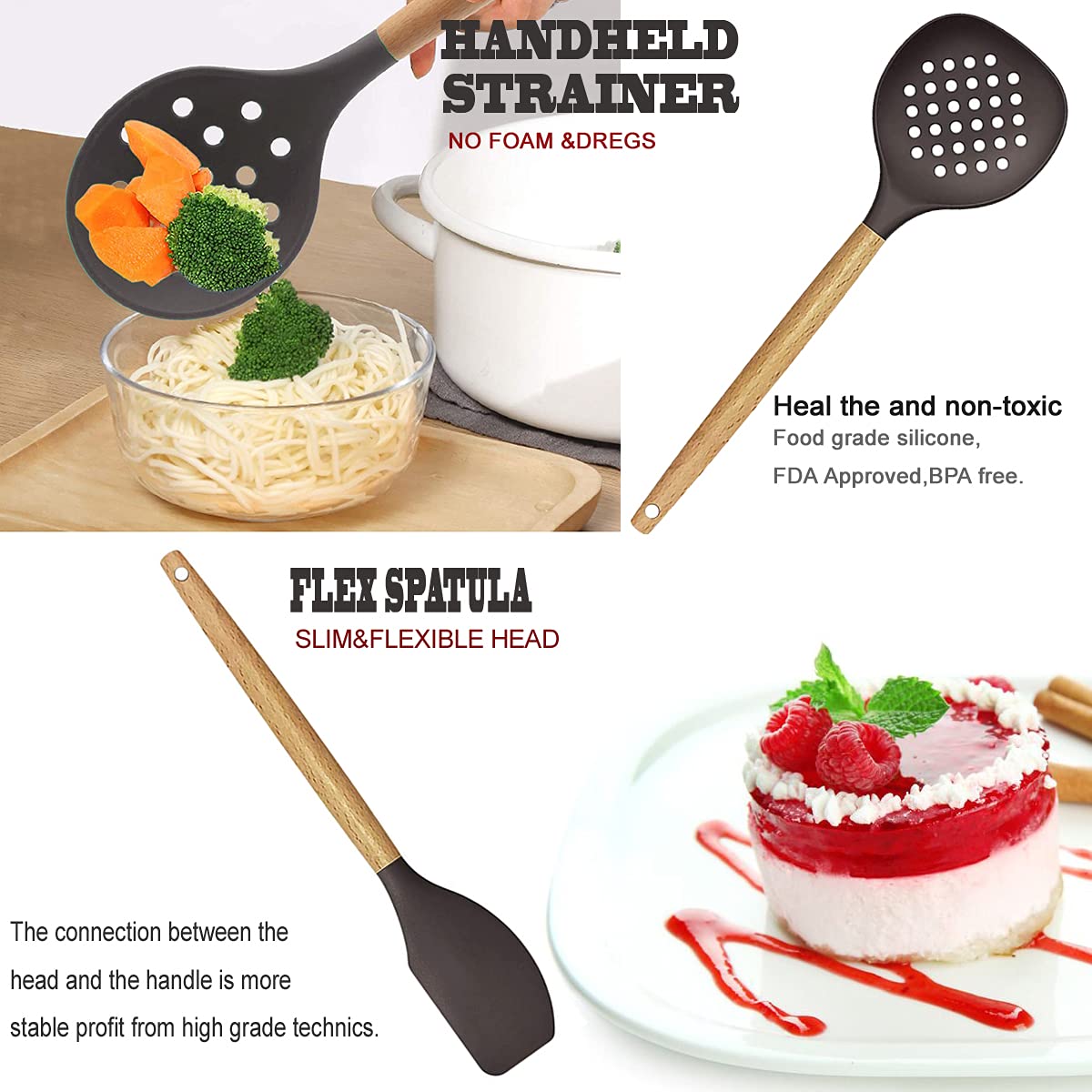 Cooking Utensils Set- 35 PCs Kitchen Utensils with Grater,Tongs, Spoon Spatula &Turner Made of Heat Resistant Food Grade Silicone and Wooden Handles Kitchen Gadgets Tools Set for Cookware