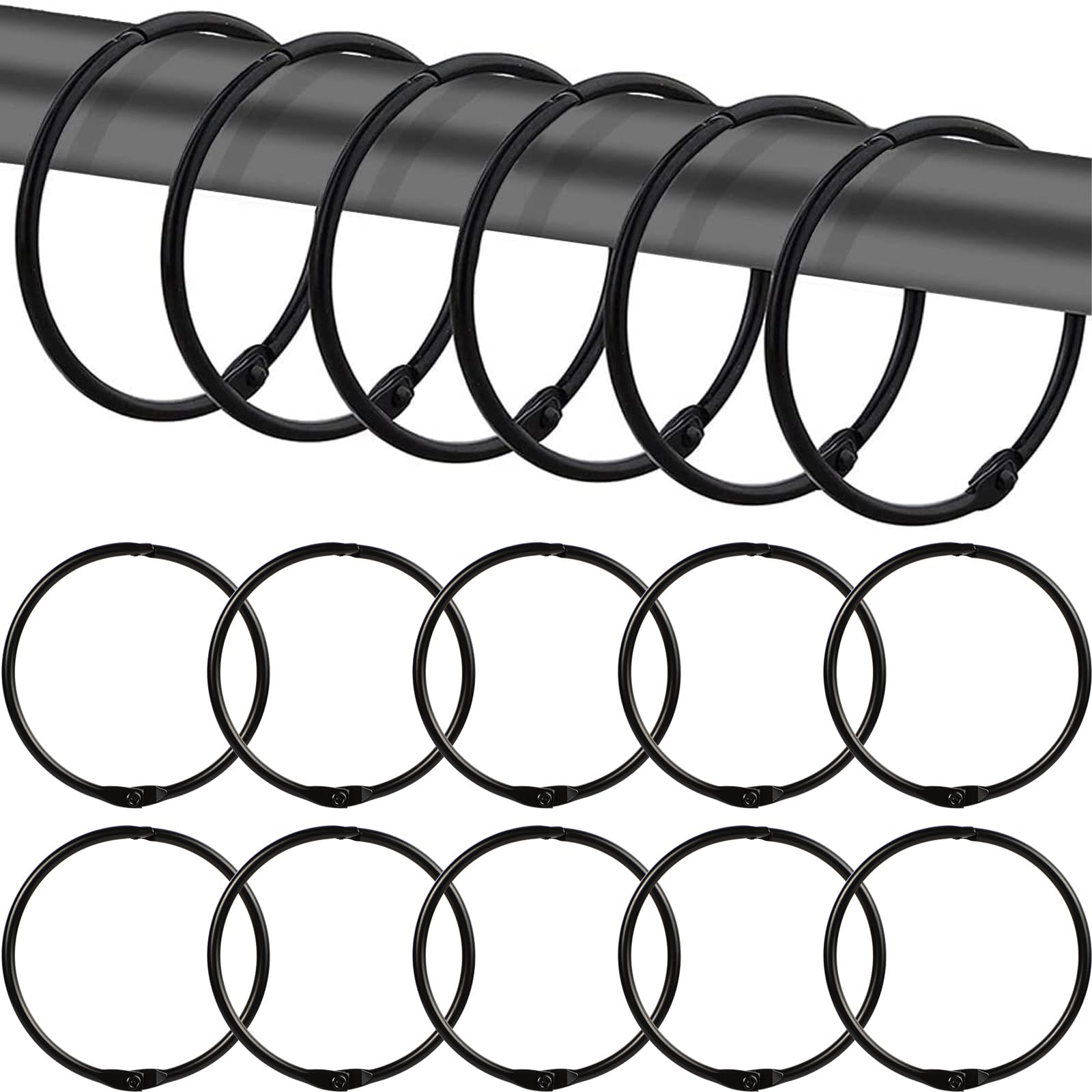 12 Pcs Black Shower Curtain Rings, Rustproof Metal Shower Curtain Hooks, Snap Joint Design & Glide Smoothly Round Shower Rings for Bathroom Curtains