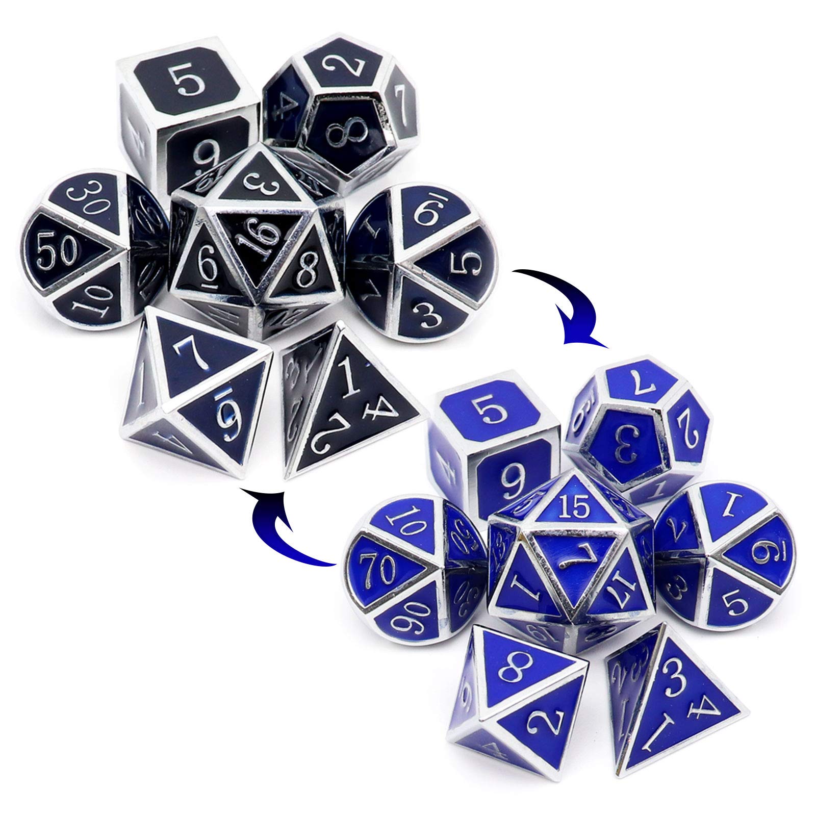 Haxtec Temparature Metal DND Dice Set Color Changing RPG Polyhedral Dice-Silver Black Blue Shift
