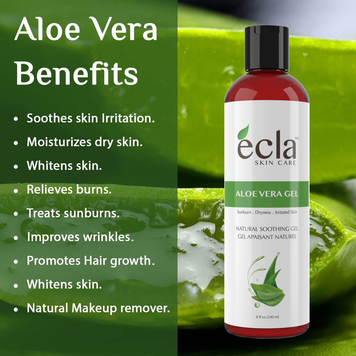 Aloe Vera Gel for Face, Body and Hair - Made with Organic 100% Pure Cold Pressed Juice, Not Powder (8 Oz - 240ml)