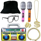 GIYAWA 90s Hip Hop 80s Costumes Kit, Men's Full Rapper Gear Set and Oversized Hat, Chain Necklace, Glasses and More Bling Perfect for Parties
