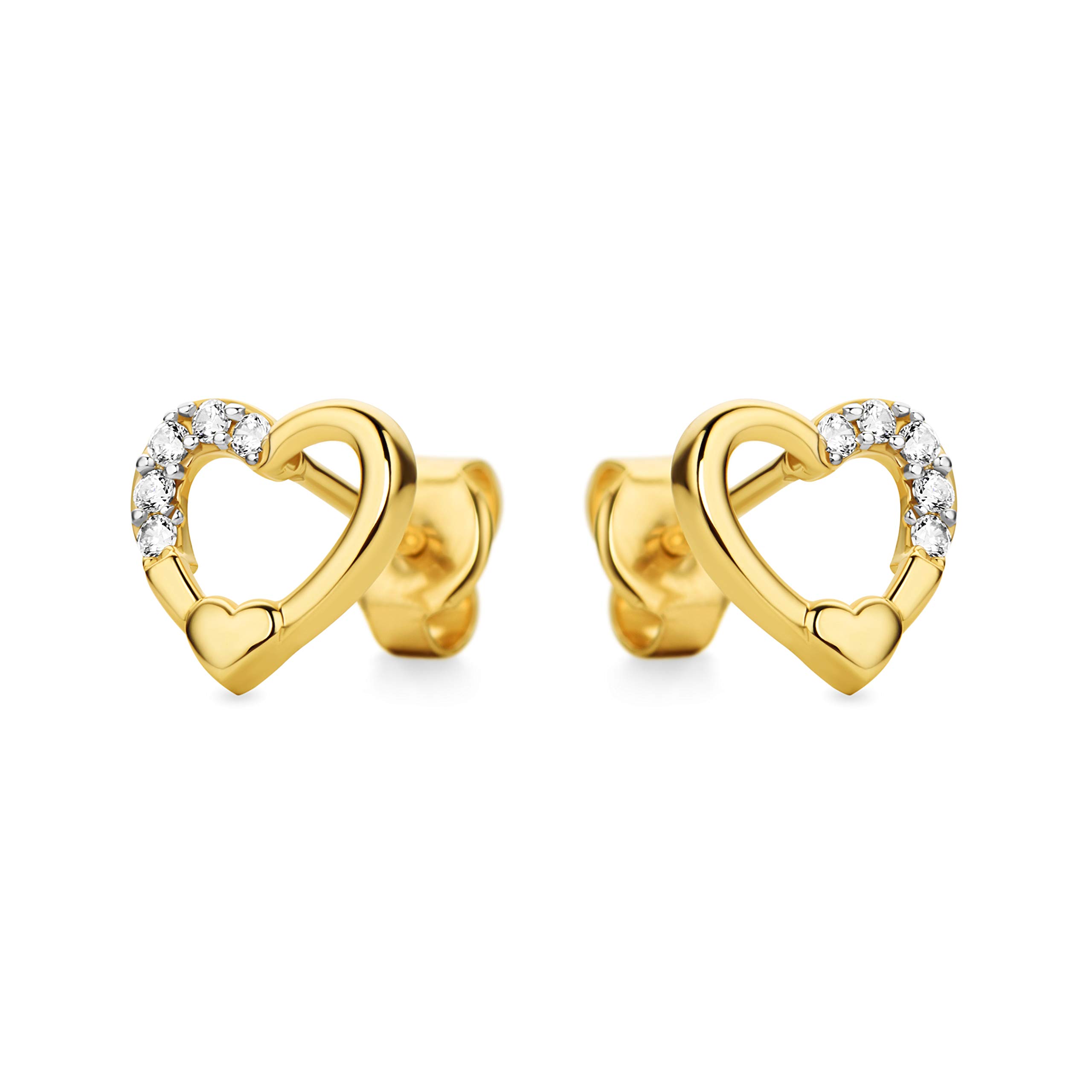14 Carat 585 Stud Earrings Love Heart with Zirconia Stones Italian Earrings Yellow Gold, Gold, Cubic Zirconia