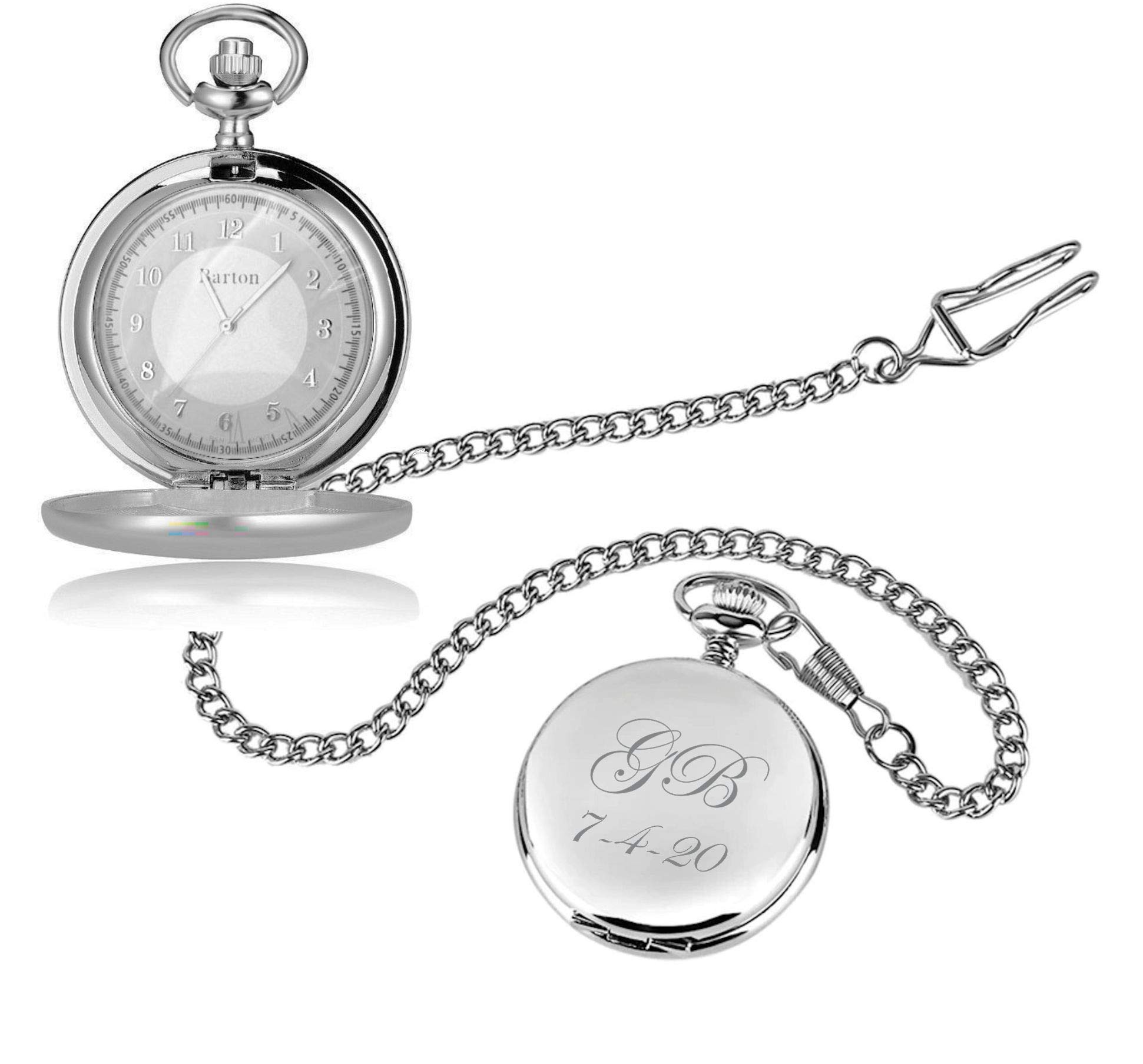 Personalized Silver Pocket Watch with Glass Cover Custom Engraved Free - Stainless Steel Timepiece with Gift Box, Free Engraving - Ships from USA