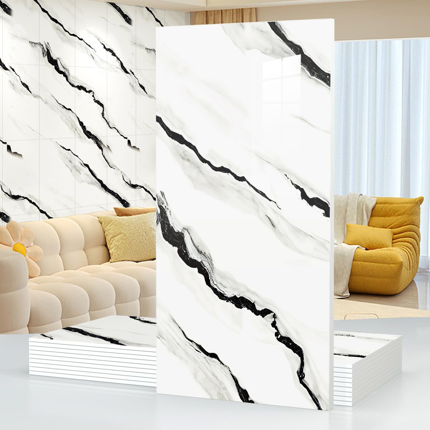 Photo 1 of 10pcsMarble Peel and Stick Waterproof Wall Panels,Backsplash Tile-23.6"x11.8"PVC Foam Wall Sticker for Kitchen,Living Rooms,Bedrooms TV Walls,Black and White,SlightlyYellowish(Not Real Tile 19.4Sq.Ft)