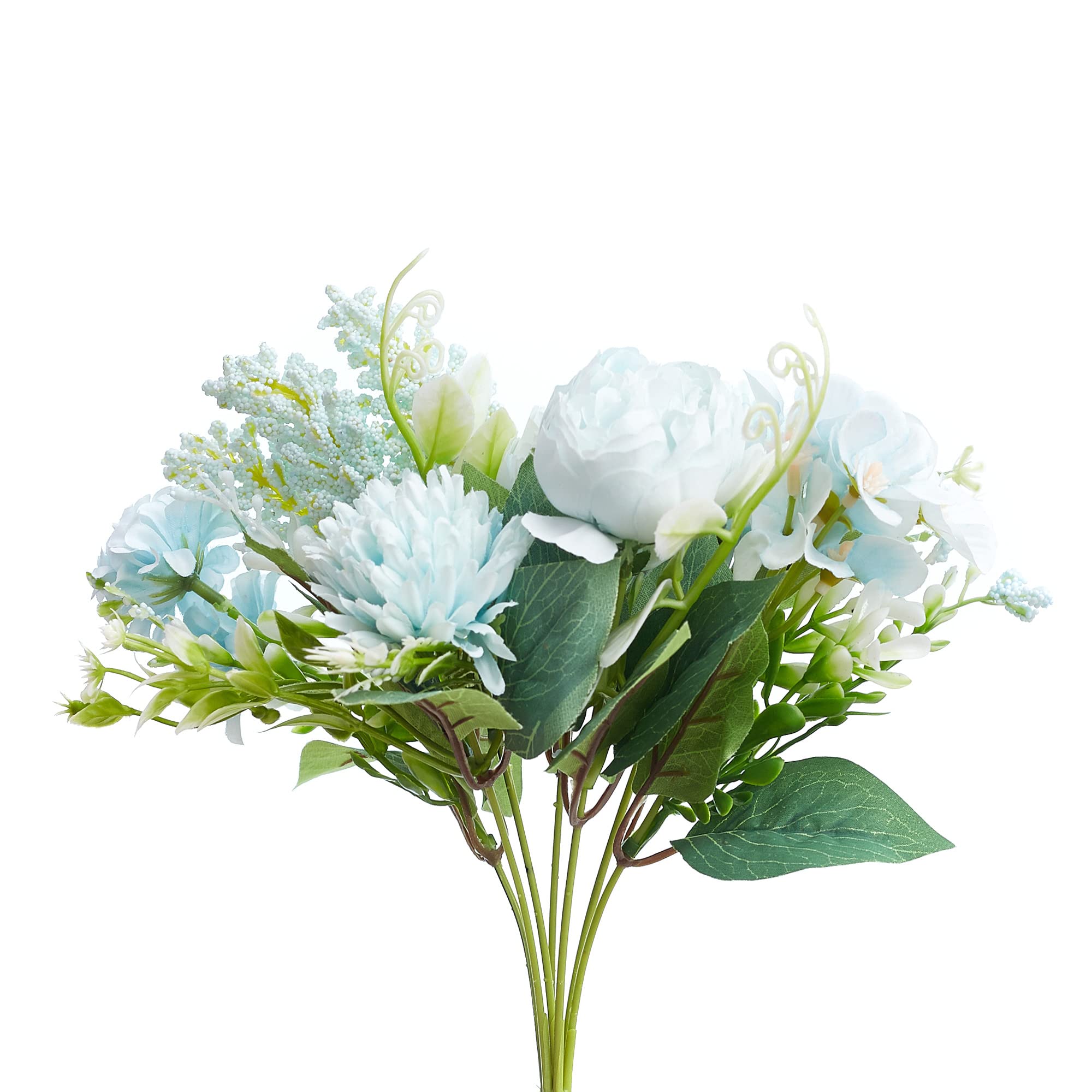 The Baked Studio – Silk Artificial Flower Bouquet (Philippine Roses, Peonies, Dandelion Flower Balls and Foliage) – Fake Plant for Cake Decoration, Home Décor, Weddings and Crafts (Cool Blue)
