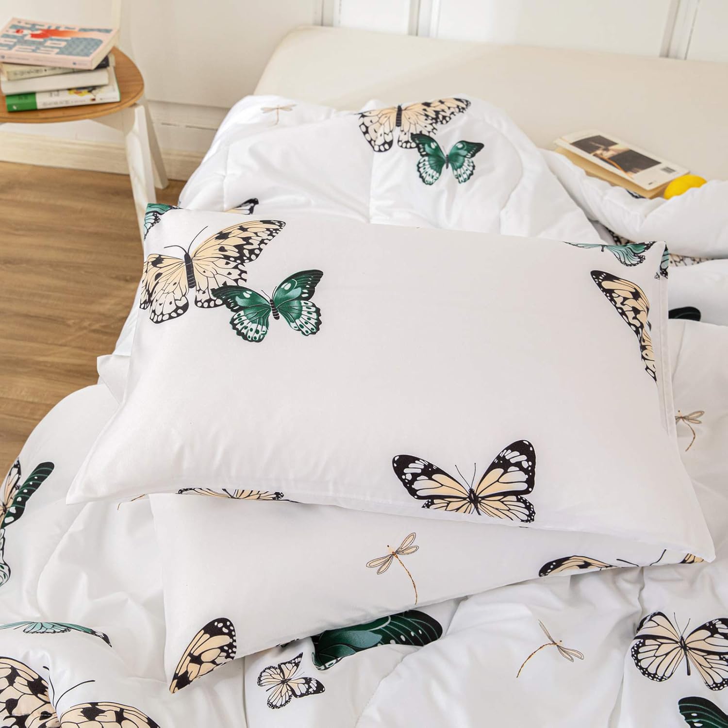 Merryword Butterfly Comforter Set Green Butterfly Comforter Green Butterflies and Dragonfly Printed Down Alternative Comforter Microfiber Bedding King 1 Comforter 2 Pillowcases (King, Butterfly): Home & Kitchen