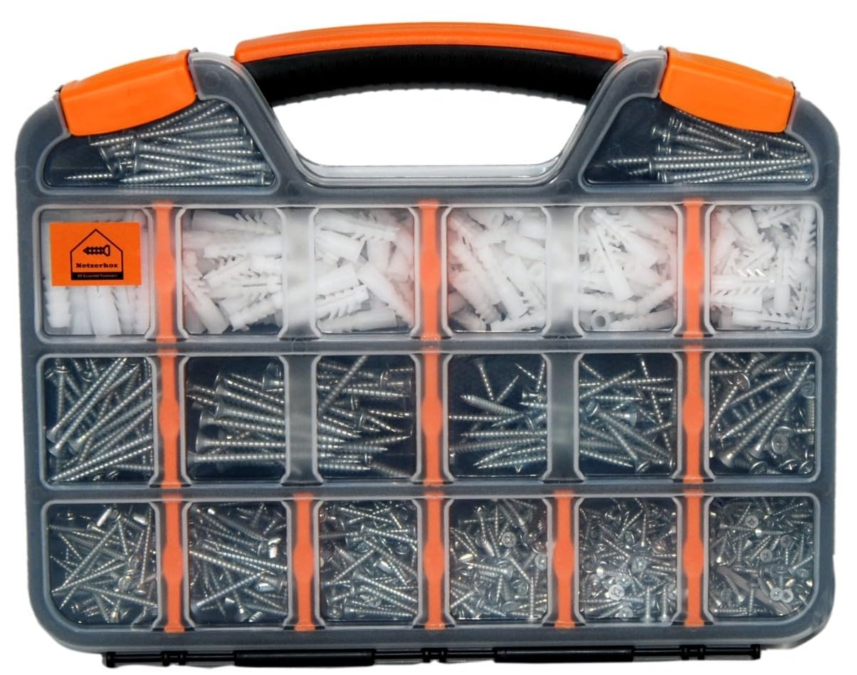 Netzerkoz Pack of 1020 Wood Screws and Dowels Set, Phillips Countersunk Screws and Dowels, Large Wood Screws Set - Chipboard Screws Assortment with Storage Box and Magnetic Spindle Drill Tip