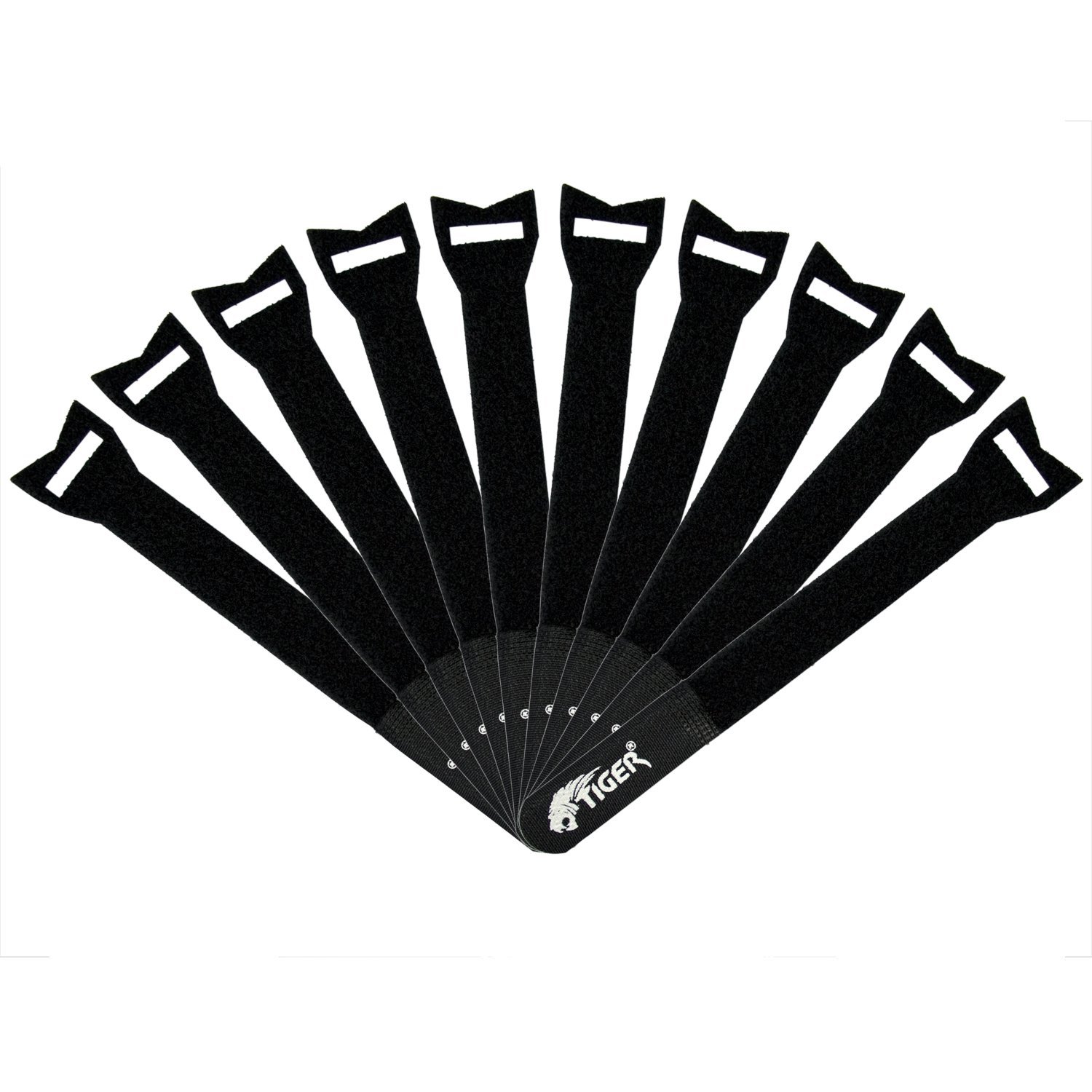 TIGER MCA86-BK Reusable Hook and Loop Cable Ties - Black - Pack of 10