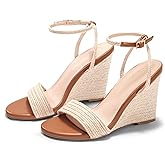 Coutgo Womens Wedges Heels Sandals Espadrilles Raffia Open Toe Ankle Strap Straw Summer Beach Shoes