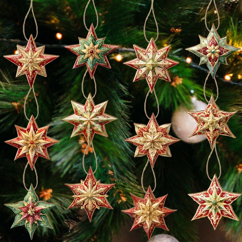 Photo 1 of 36pcs Wooden Christmas Star Ornaments, Wooden Holiday Decorations,12 Patterns,Good for Christmas Decoration.