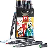 ARTEZA Alcohol Markers Set of 12 Classic Colors, EverBlend Dual-Tip Markers for Adult Coloring - Medium Chisel and Brush Nib