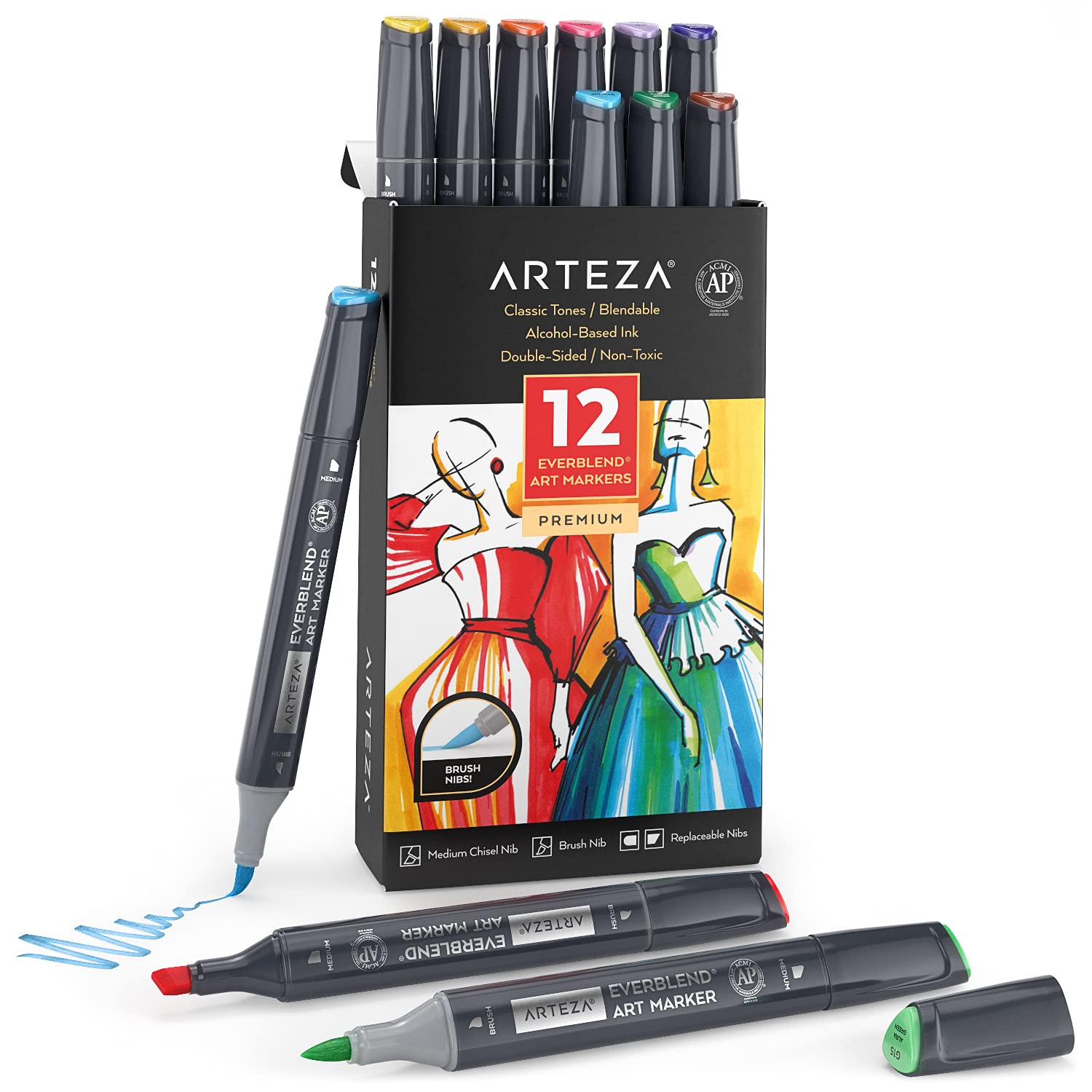 ARTEZA EverBlend Ultra Alcohol Markers [Set of 12 Colors, Classic Tones], Medium Chisel & Brush Tip, Art Supplies for Drawing & Sketching